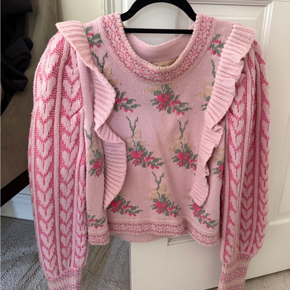 LoveShackFancy Pink Floral Ruffle Cable-Knit Sweater